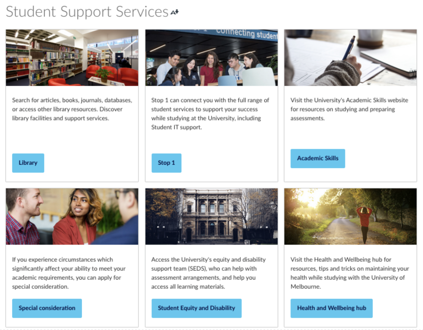 Figure 8. A Student Support services page A screenshot of a Canvas page labelled Student Support Services. The page layout includes nine links, each one with an attractive image, a button with a link, and text describing the particular service.