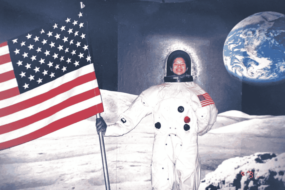 Elaine in a space suit depicting the moon landing