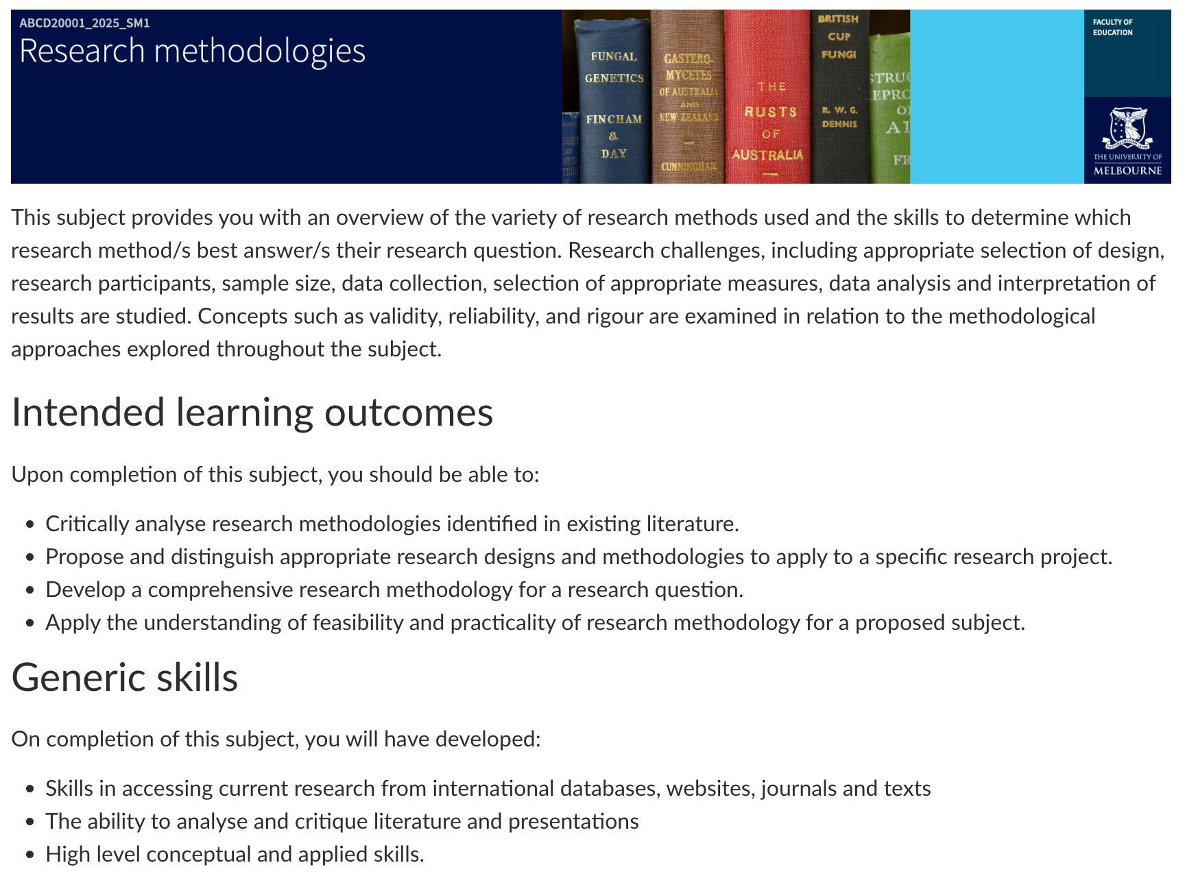 Screenshot of Canvas interface showing a customised subject overview page with intended learning outcomes and generic skills listed