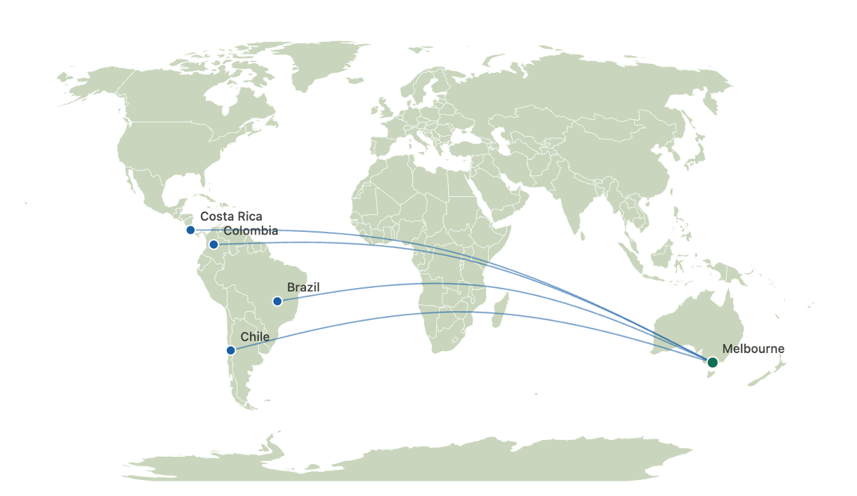Map connecting Melbourne and Latin America