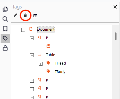 In this example, if you want to delete a tag, select the tag you want to delete then click the bin icon. A screenshot of Tags list in Nitro PDF with icons at the top including an edit button, a delete button and a table button. The rubbish bin (delete) icon is highligted.
