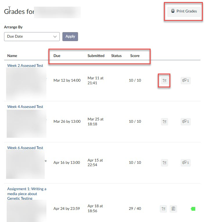 Screenshot of Canvas Individual Grades page listing assessed tests and assignments with due dates, submission times, status, and scores, plus a highlighted print grades button.