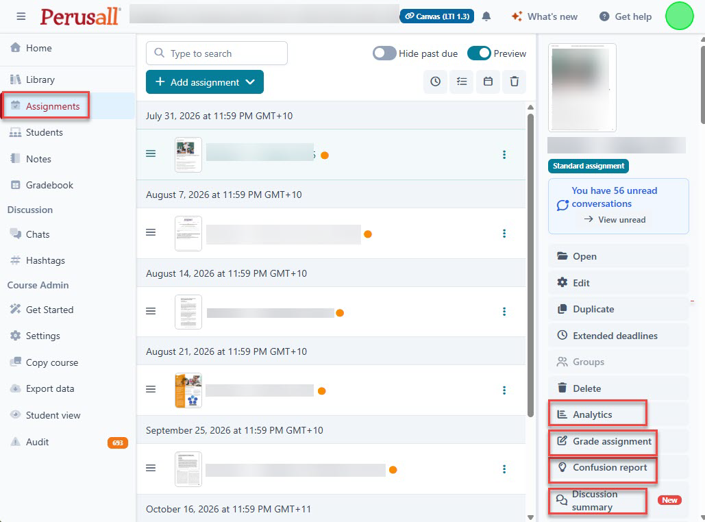 Screenshot of Perusall's Assignments page, listing assignments with sidebar menus and highlighted options including Analytics and Grade assignment.