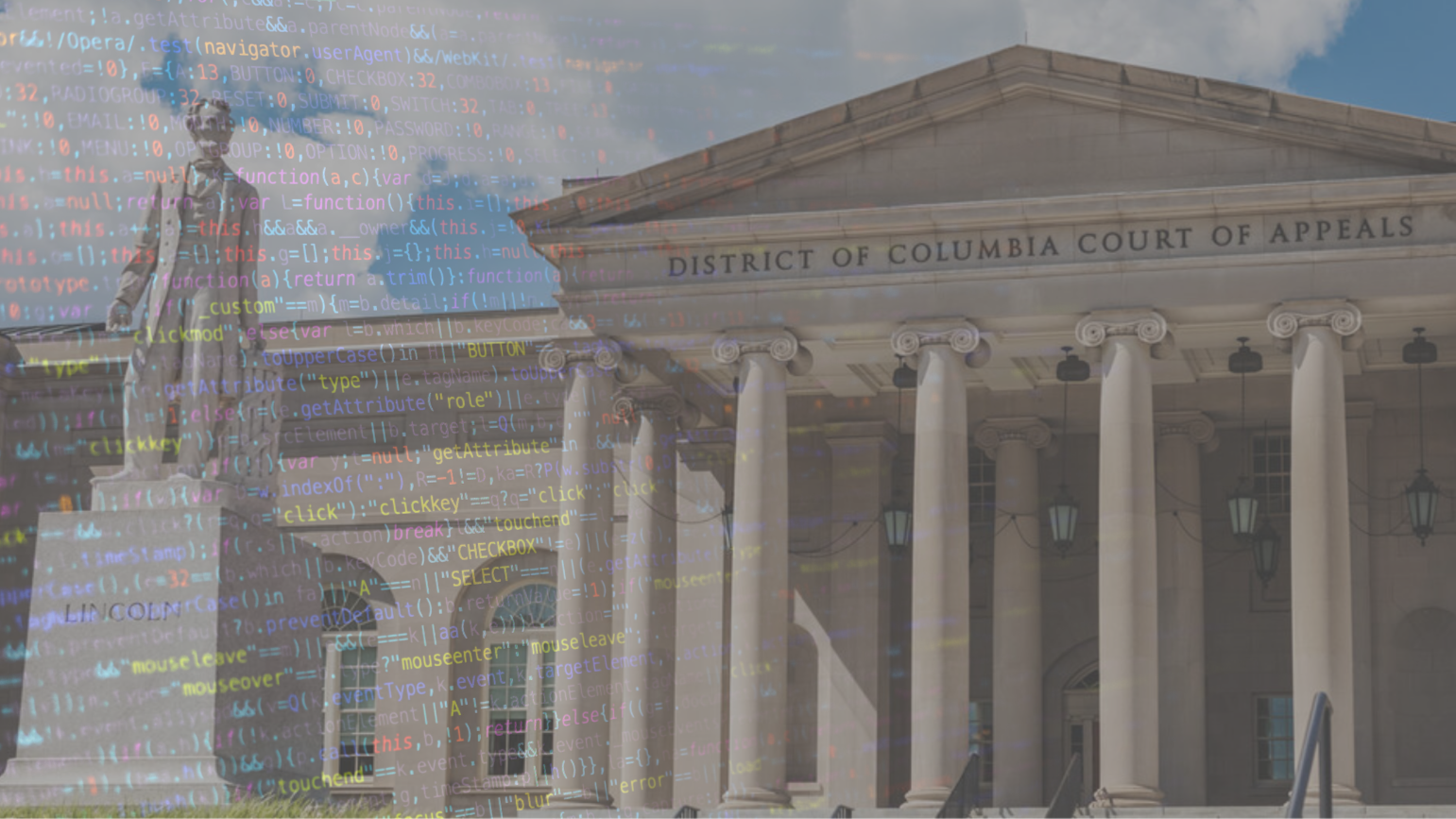 A courthouse exterior, with code superimposed onto it