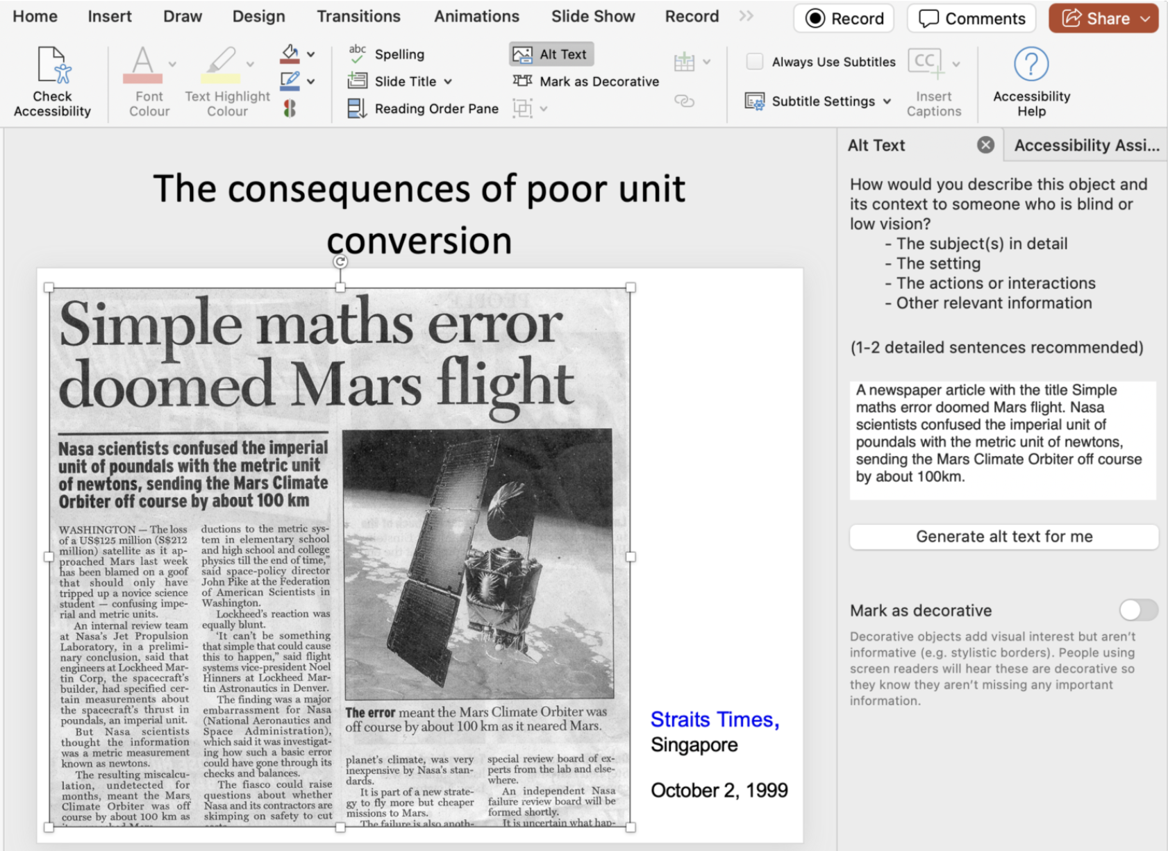Figure 12. A PowerPoint slide with an image and a hidden title. The PowerPoint edit interface. The main body of the slide is a newspaper clipping, and the alt text panel shows a text alternative with a brief summary. There is a unique slide title, but it shows above the slide in the edit area.