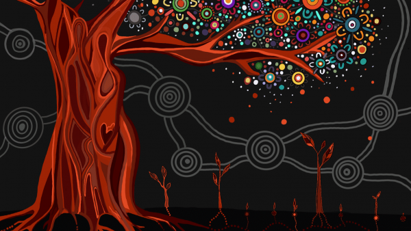 traditional artwork depicting a tree and growth