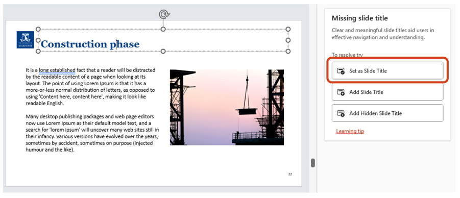Set a text box or shape as the slide title The Missing slide title pane shows three buttons with the options to set a text box as the slide title, add a slide title or add a hidden slide title.