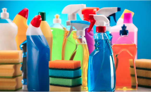 Image of multiple household cleaning liquids.