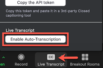 Hosts must click on the Live Transcription button in order to enable Auto-Transcription