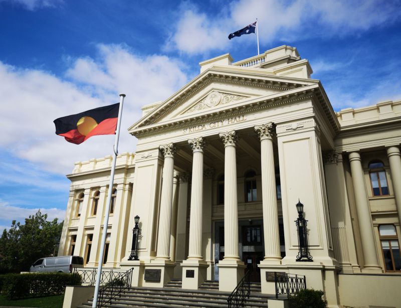 St Kilda City Hall with Aboriginal flag flying in front