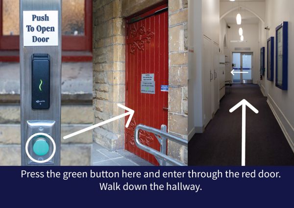 Step 3: Press the green button here and enter through the red door. Walk down the hallway. 