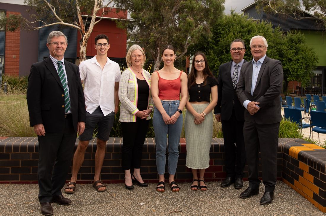 Left-right: Federal Minister for Regional Health Dr David Gillespie; Oscar McGraw; Dean of the Faculty of Medicine, Dentistry and Health Sciences at University of Melbourne Professor Jane Gunn; Isabella Trevaskis, Gabriella Hill; Vice-Chancellor at La Trobe University, Professor John Dewar AO; Federal Member for Nicholls Damian Drum.