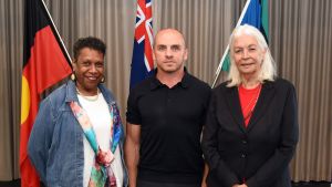 Gail Mabo, Jamie Lowe and Professor Marcia Langton at the opening of the Mabo Centre in Perth, Western Australia.