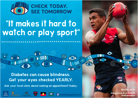 Promotional graphic for eye health checks at the 2018 VACSAL Senior Aboriginal Football & Netball Carnival.