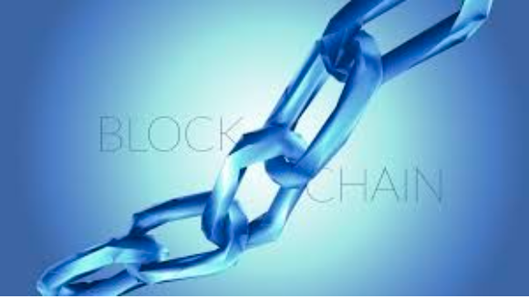 Graphic image of chain links with block chain written across the image.