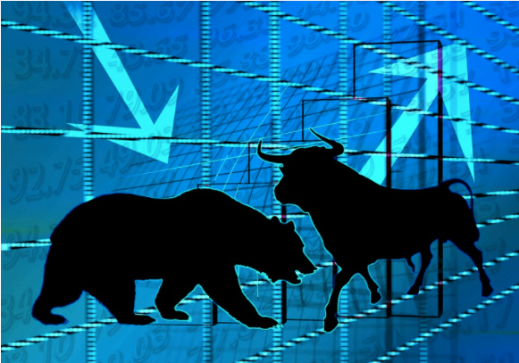 Graphic illustration of a bull and a bear.