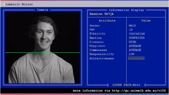 Image of the biometric mirror interface with a young man's face and the metrics beside it.