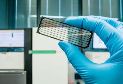 Gloved doctor's hand holding up genome sequence tool