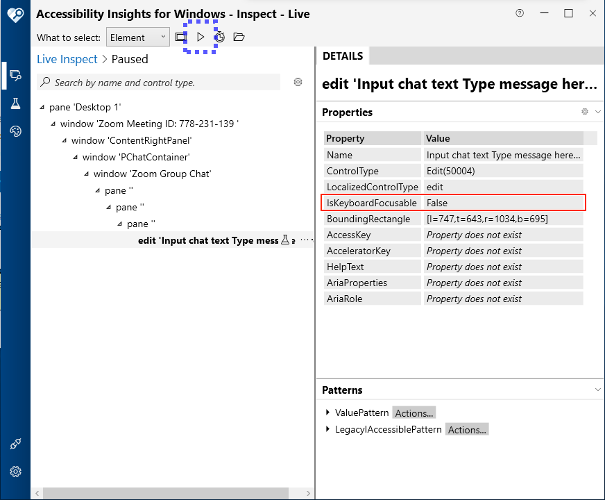 Accessibility properties for Zoom input chat text edit field with ISKeyboardFocusable property set to False