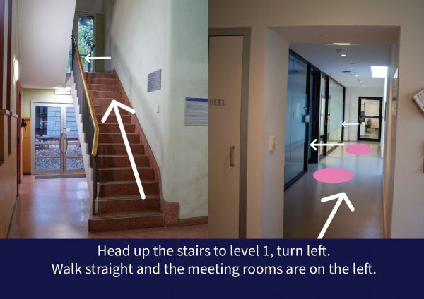 Step 4: Head up the stairs to level 1, turn left. Walk straight and the meeting rooms are on the left. 