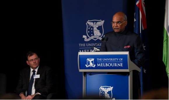 Image of the President of India Mr Ram Nath Kovind addressing the audience as University of Melbourne Vice-Chancellor Professor Duncan Maskell looks on.