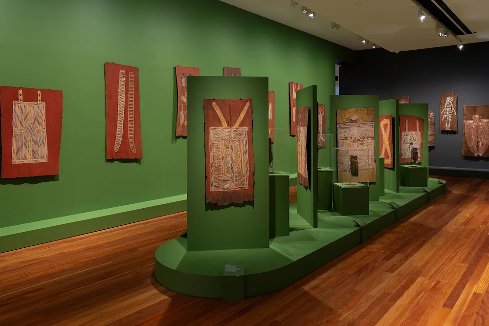 Installation view of 65,000 Years: A Short History of Australian Art, Potter Museum of Art, the University of Melbourne, 2025. Including items from the Donald Thomson Collection. Gift of Mrs Dorita Thomson, 1973. At rear items from the collection of Museums Victoria. Photography by Christian Capurro.