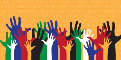 Colourful hands raised up 