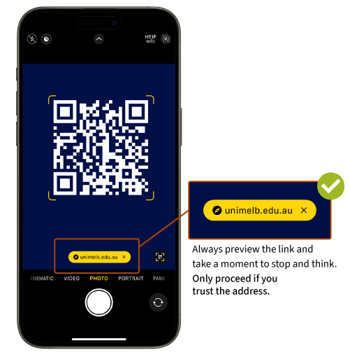 example of scanning a QR code using a camera app to preview the URL