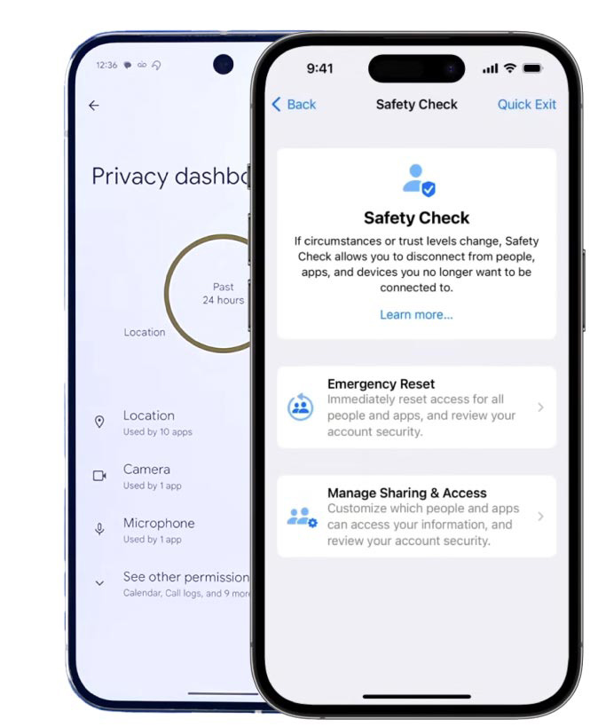 Mobile phones showing the built in privacy guides