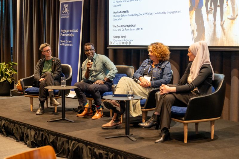 L-R: Bec Scott OAM, CEO and Co-Founder of STREAT; George Yengi, Community Advocate; Marika Kontellis, Director Zakumi Consulting, and Iman Balla, Senior Policy Officer in Multicultural Affairs at the Victorian Department of Premier and Cabinet and Board Director at the Islamic Museum of Australia. Picture: David Darlington