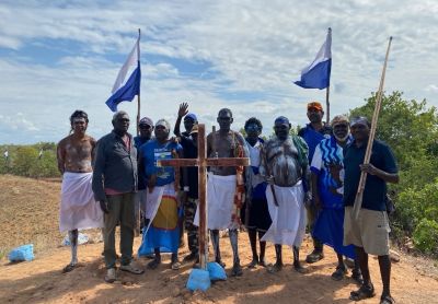 Dhuwa and Yirritja clans celebrating the return of ancestors to the sacred lands of Bäniyala. Picture: Caitlin McAtomney